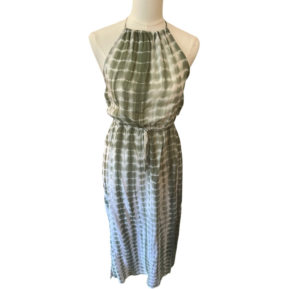 Favlux Olive Tie-Dye Maxi Dress – Halter Neck, Lined, Front Slits (Size Small)
